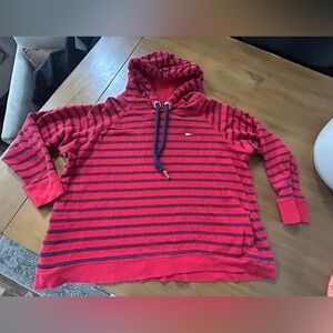 Tommy Hilfiger Red and Navy Lightweight Striped Hoodie